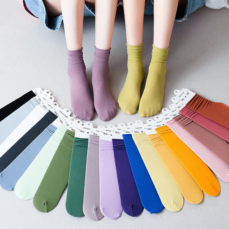 Velvet Socks for Girls, New Summer Style, Thin Ice Silk Socks, Solid Color Mid-calf Socks, Dopamine Socks