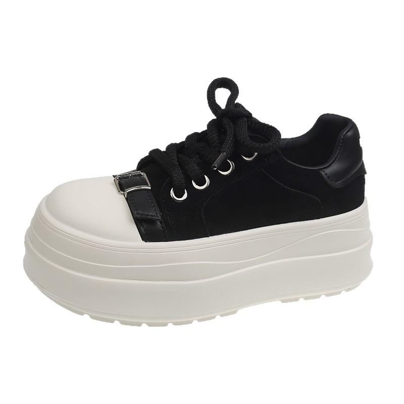 2025 Autumn New Metal Buckle Soft Leather Thick-soled Muffin Small 6cm Height Increase Casual Board Shoes Bread Shoes