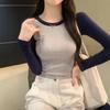 Chic European Cotton Long-Sleeve Women's Top, 2025 Slim-Fit Autumn/Winter, Niche Contrast Design