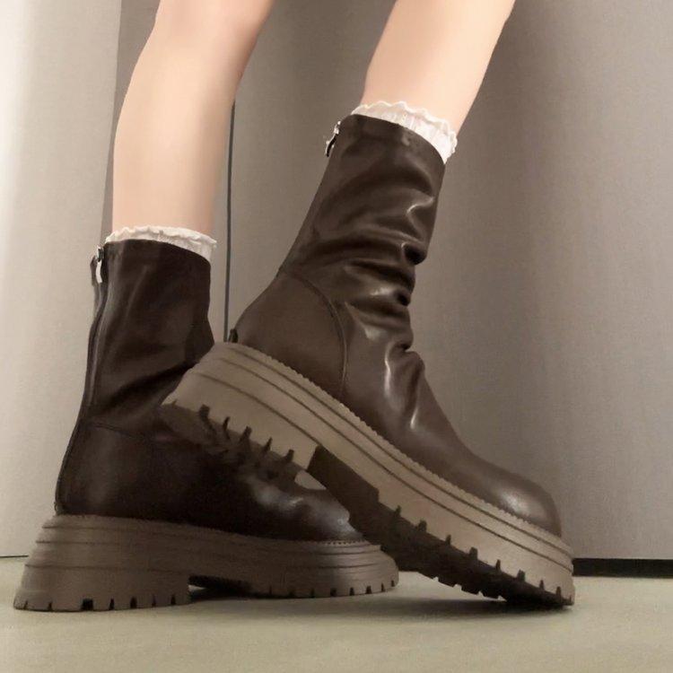 thick-soled thick-heeled stacked boots women's 2025 new autumn single boots short brown thin women's boots Maillard short boots