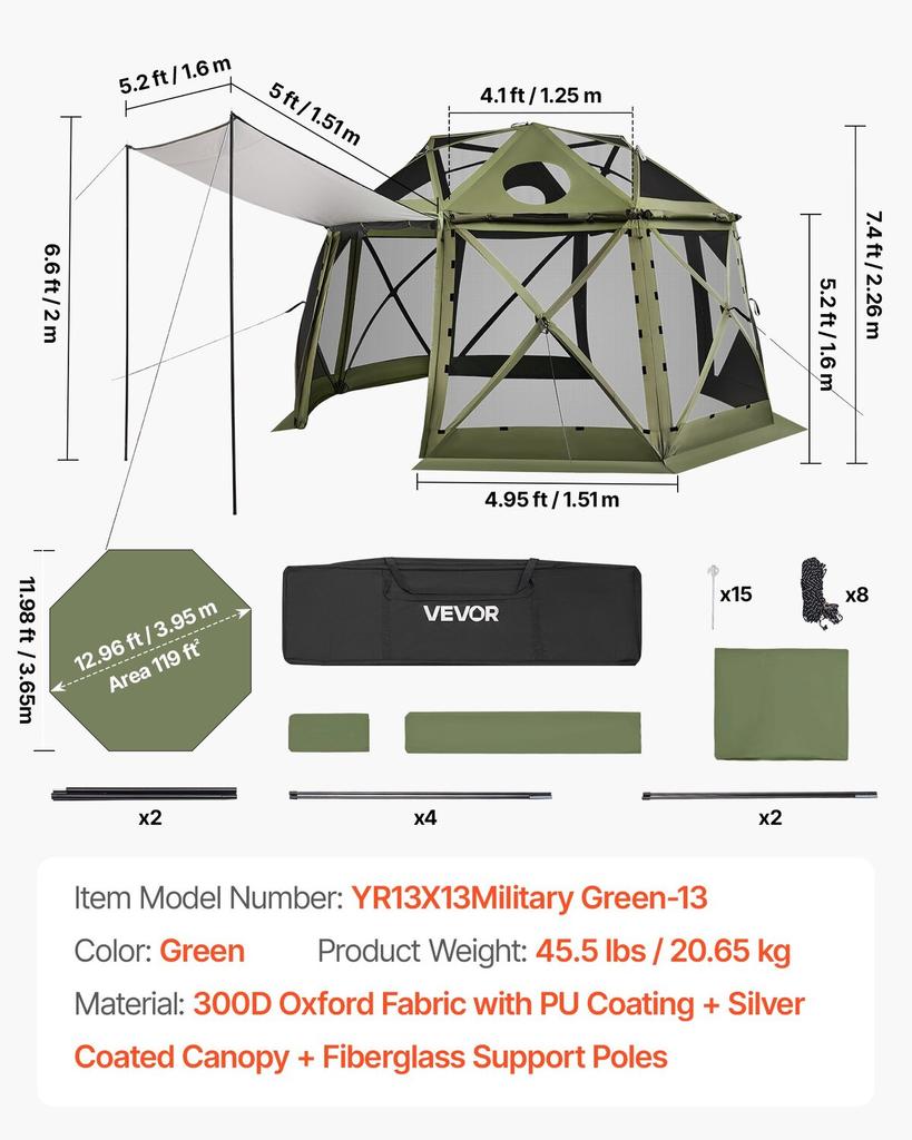 Pop up Gazebo Screen Tent, 3.96 x 3.96 m, 13-Sided Spherical Camping Canopy Tent with Removable Top & Carry Bag, Quick-Set & Bite-Proof, Screen House