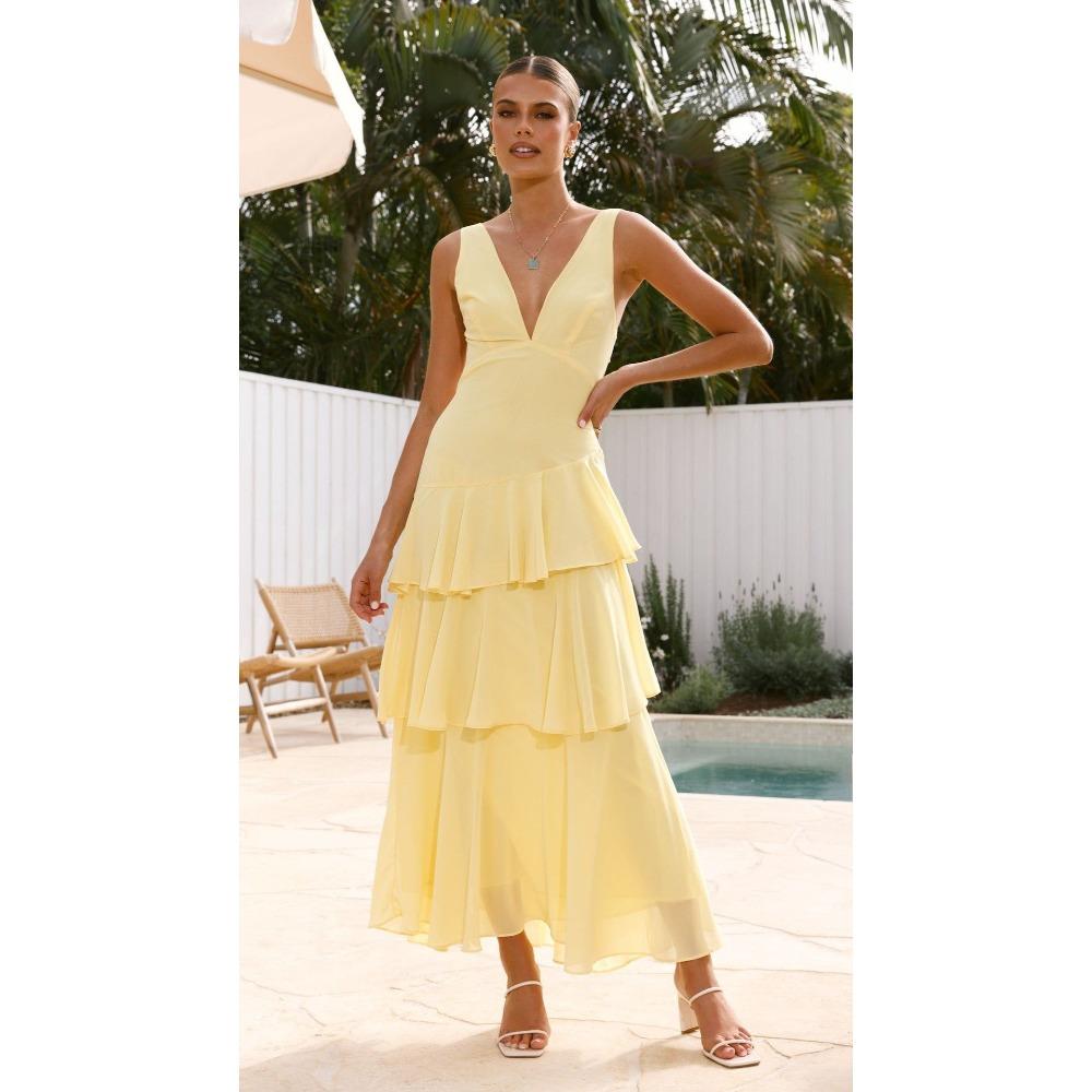 Summer Holiday Style V-neck Solid Color Splicing Long Halter Strap-on Dress 75