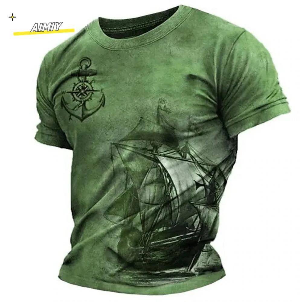 Vintage Summer Compass Pattern 3D Printed Short-sleeve Men's T-shirts Loose Daily Men Clothing Casual Streetwear