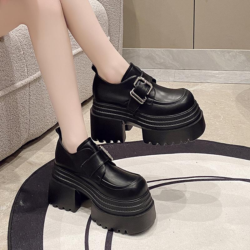 Fashion New 10CM Heels Buckle Casual Leather Shoes Autumn Women Chunky Sneakers Comfortable Pumps High Platform Walking Shoes Woman