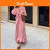 Polyester Solid Color Vneck Sleeveless Long Dress For Elegant Women Spring