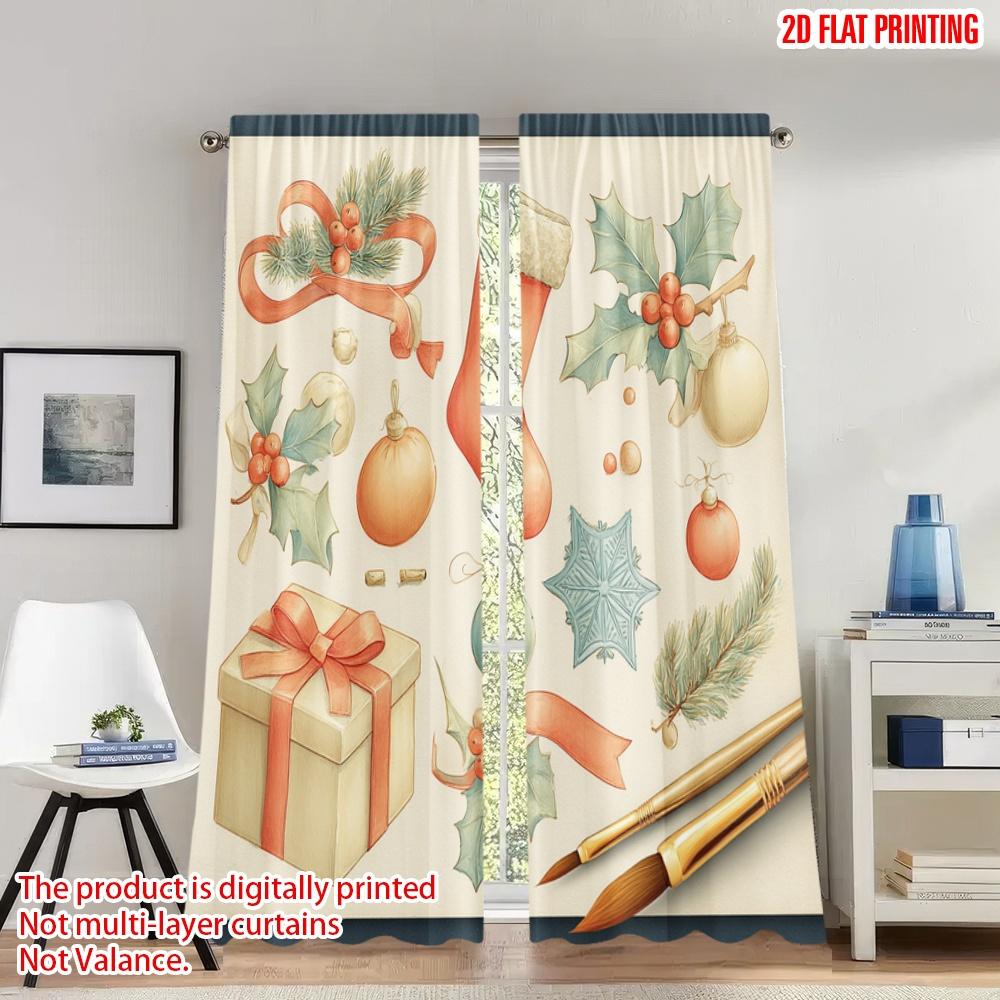 

Set Of 2 Flat Printing Happy Christmas Party Curtains Holly Baubles Stockings Present Digital Printed Polyester Drapes Curtain W100*H70(CM)-Hooks&1PCS