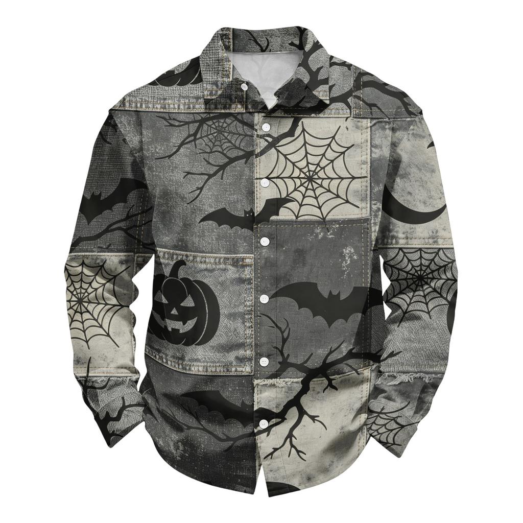 Men's Loose Fit Long Sleeve Shirt Halloween Design Breathable Casual Vintage Style Button Down Shirt for Spring and Autumn Outdoor Workwear