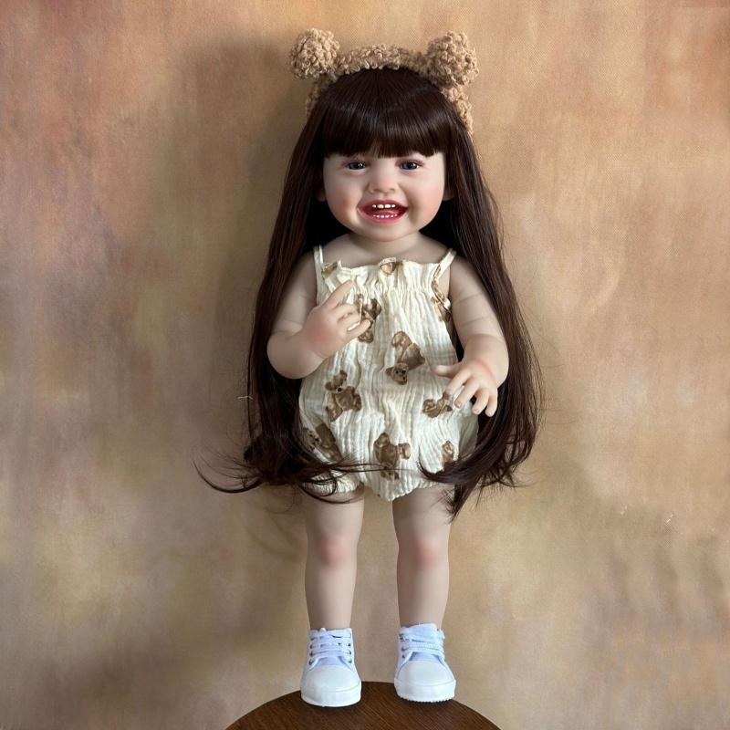 Păpușă renăscută Mila de 55 cm, finisată moale, complet din silicon, lavabilă, păpușă nou-născută drăguță, zâmbet fericit, simulare, păpuși pentru copii, jucării pentru casă de joacă