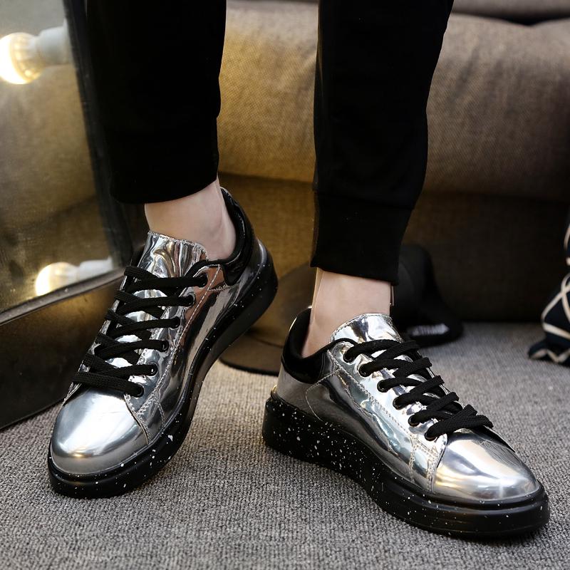 Men Light Leather Flat Sneakers Fashion Silver Men's Shoes Punk Casual Mirror Shoes Streetwear Sneakers Men Rock Hip Hop Shoes