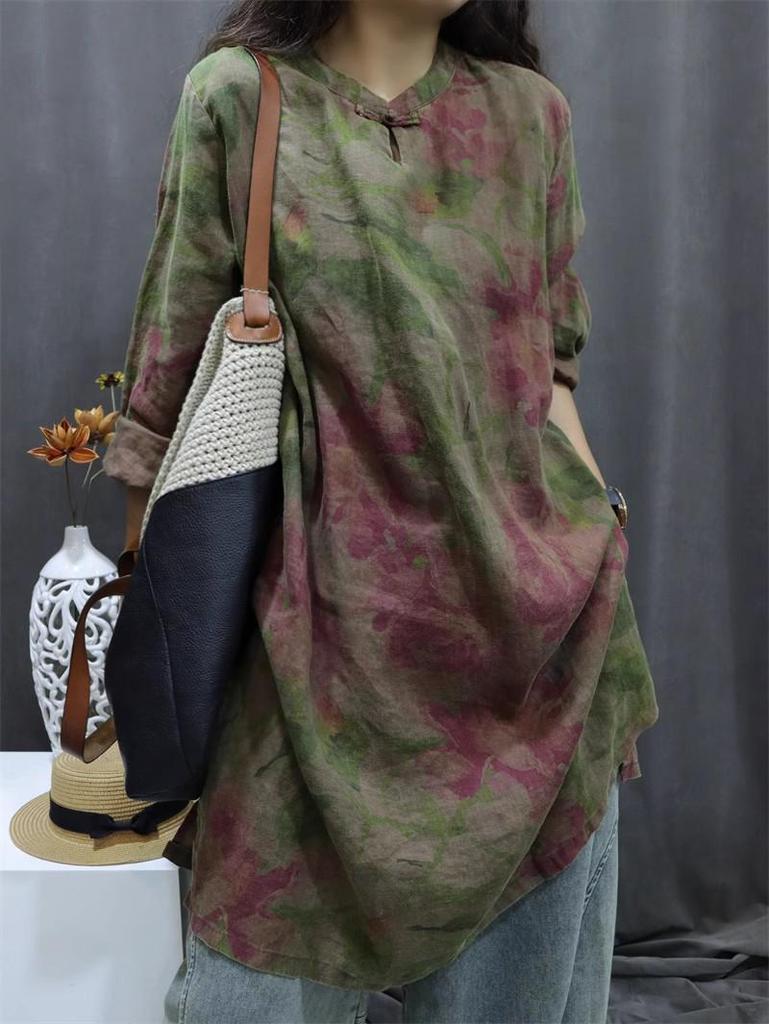 2026 New Cotton and Linen Retro Print Women's Mid-Length Shirt Dress with Stand Collar and Frog Buttons