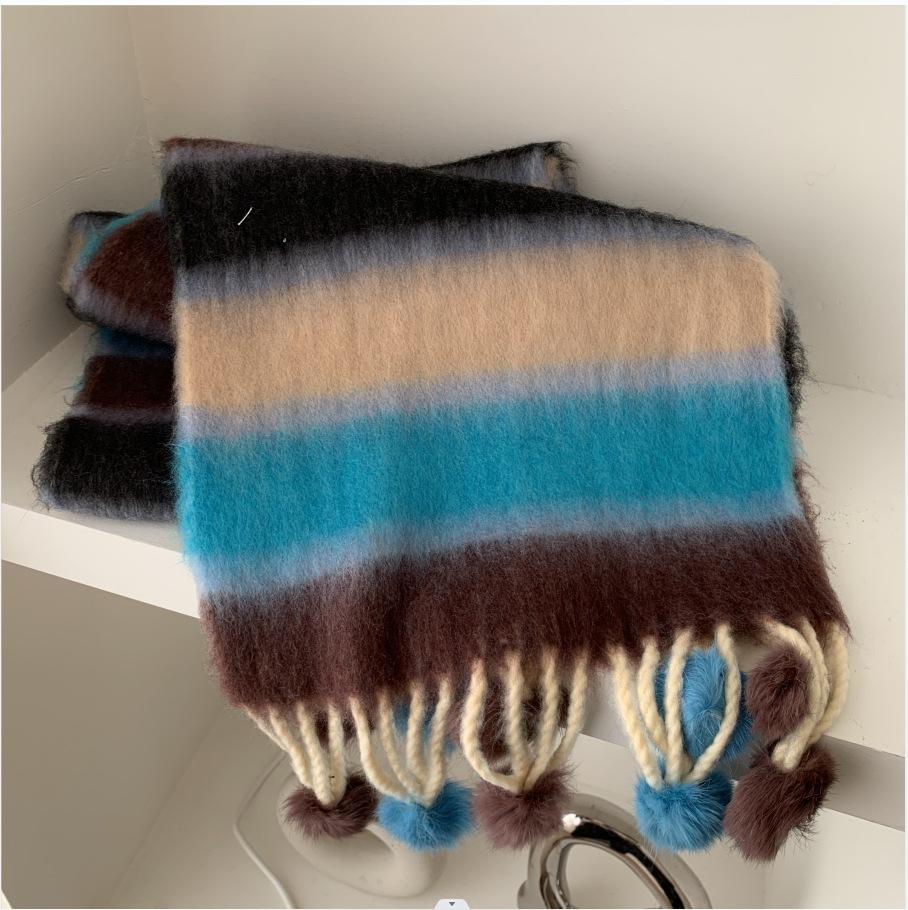 Winter Soft Warm Scarf Women Fashionable Plush Colorful Striped Scarf Versatile Mohair Couple Shawl Long Vintage Scarf Shawl