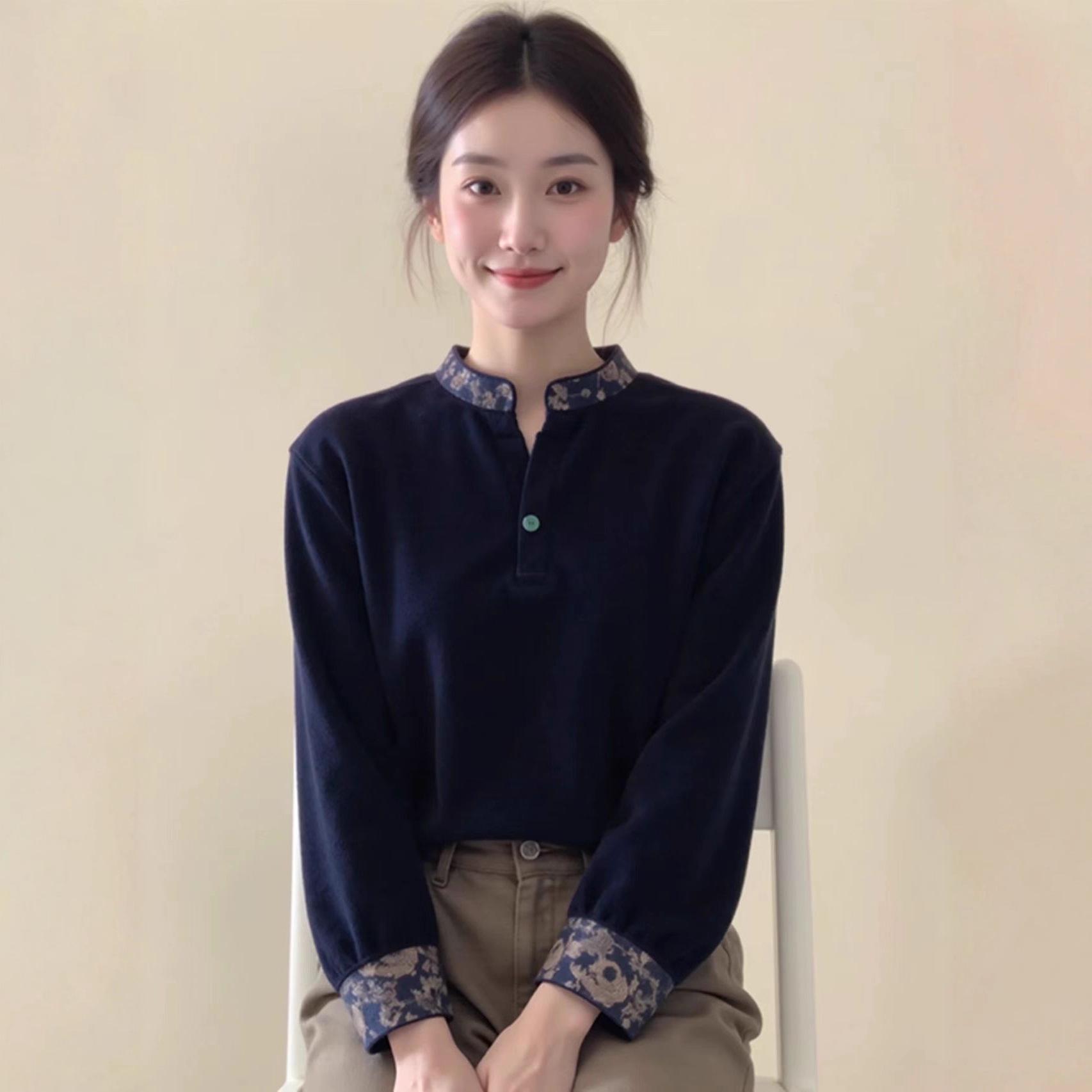 

Navy Blue Jacquard Velvet Qipao Top – New Design with High-End Feel XL