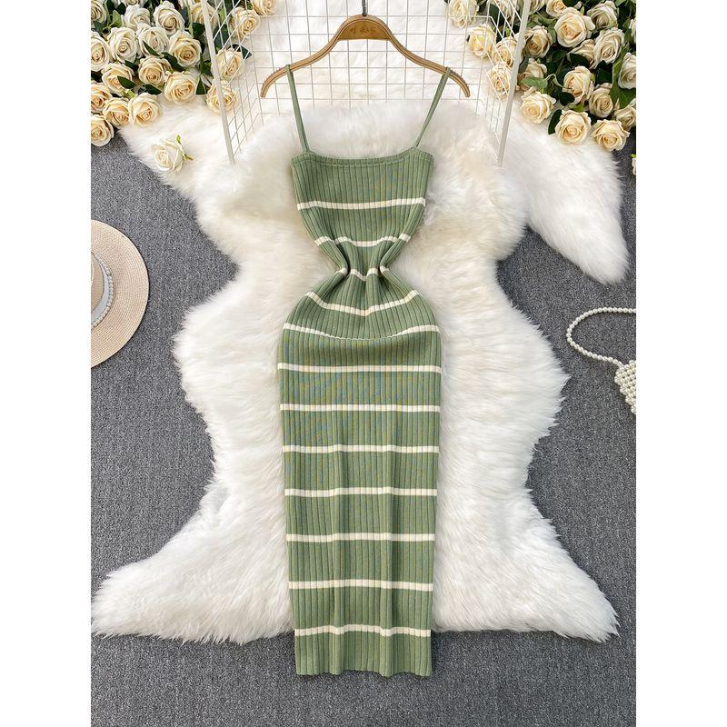 European and American Sexy Backless Sling Dress Women Summer New Elastic Striped Knitted Tight Slimming Sheath Long dress
