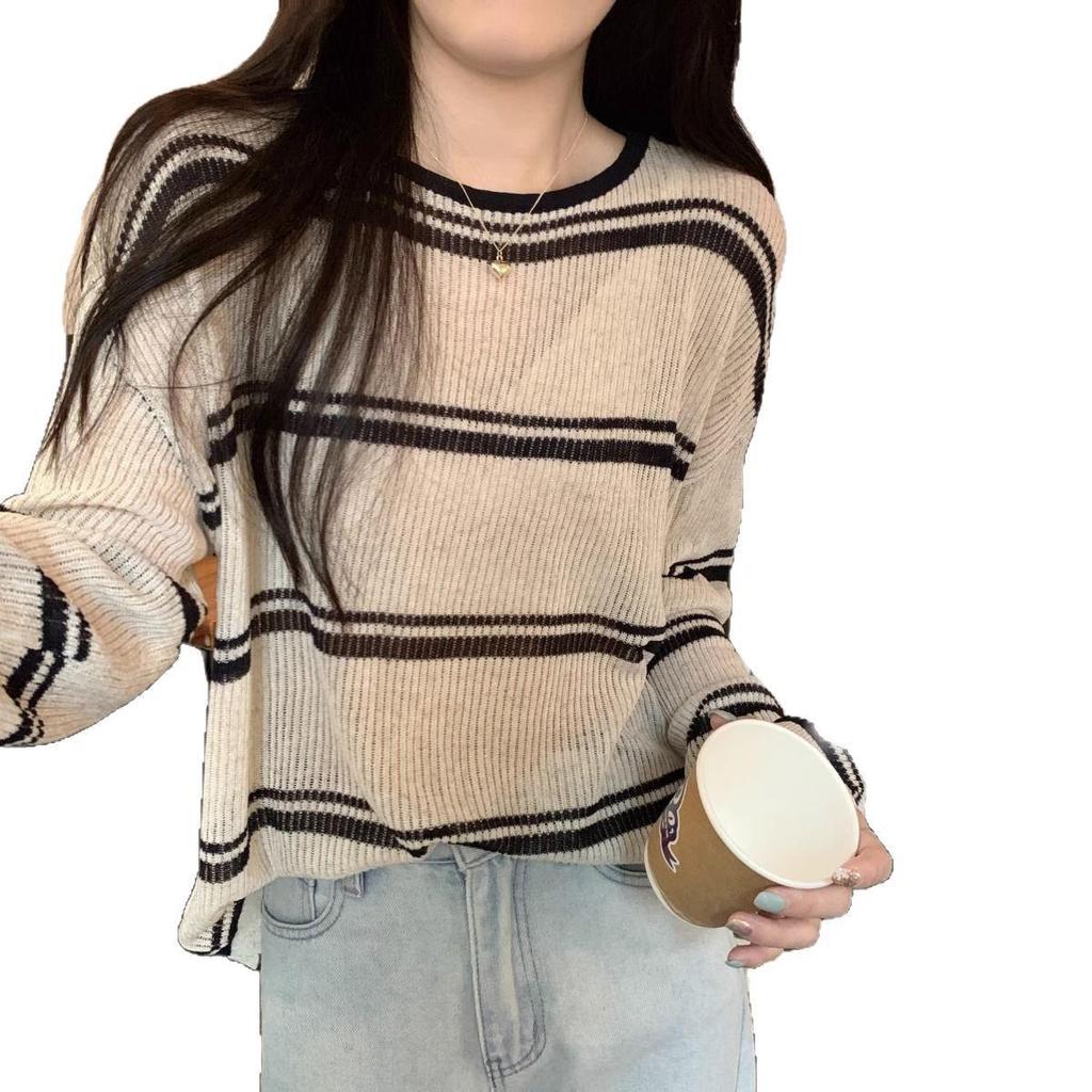 Koreanischer gestreifter Farbblock-Strick Langarm Damen Sommer-Überwurf: Lockeres, Schlankmachendes, Sonnenschützendes Hemd