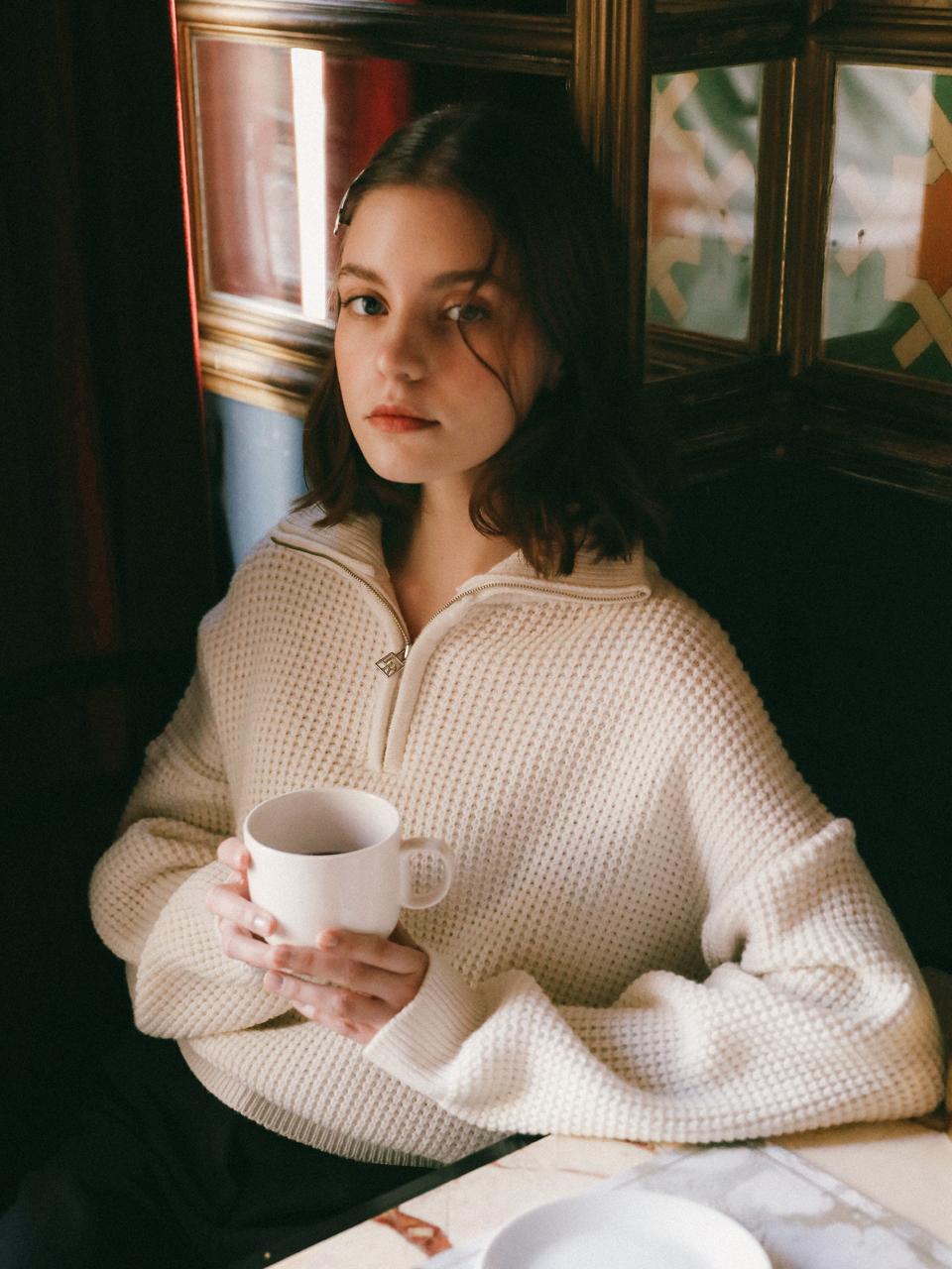 Rosiro Waffle Half Zip-Up Knit Cream Free