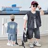Boys' Summer Denim Vest & Printed Tee Shorts Set - Cool American Style 2026