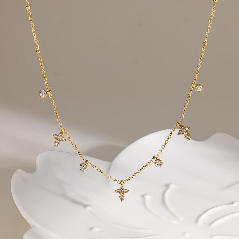 European and American Fashion Plated 18k Gold Zircon Cross Pendant Fringed Collarbone Chain Necklace Women's Stainless Steel Waterproof Jewelry