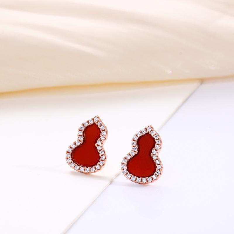 S925 Sterling Silver Gourd Stud Earrings with Red Agate - Classic Chinese Style for Women 925 Silver