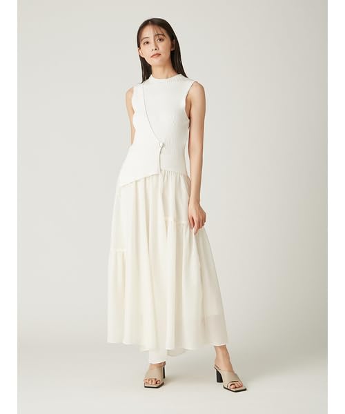 Metal Brooch Rib Knit Combination Flare Dress FWNO251081IVR0