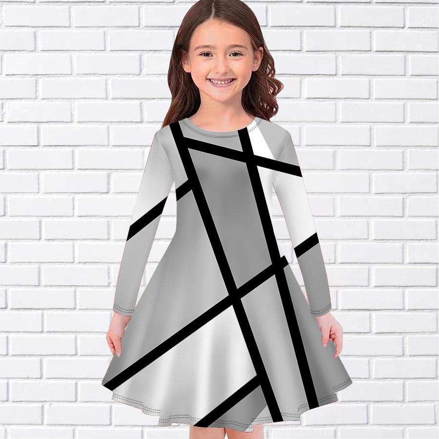 Mädchen Lässig Geometrischer Linien Gitterdruck Rundhals Langarm Kleid Kinder Prinzessinnenkleid