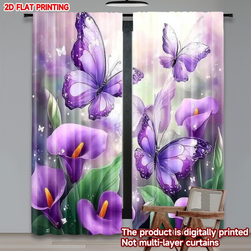 2pcs Purple Butterfly Calla Lily Curtains Digital Printing   Vibrant Butterfly and Flower Pattern for Bedroom Living Room Decor