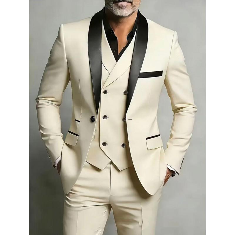 Mens Slim Fit 3-Piece Suit Set With Shawl Lapel Double Vent Tuxedo Wedding Groom Groomsman Formal Event