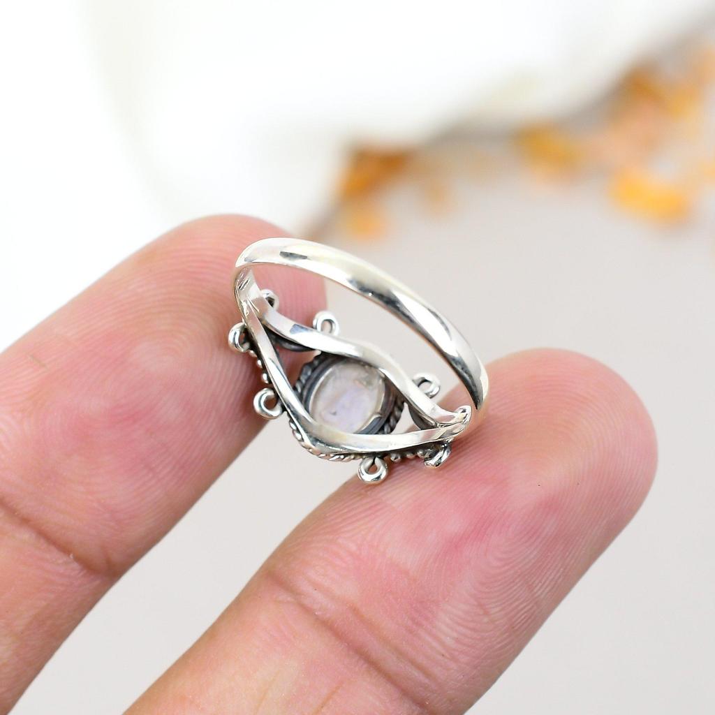 Bague en argent sterling 925 avec pierre de lune arc-en-ciel ovale, style bohème, faite à la main, pour femme