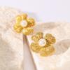 Cercei cu floare perlată pentru femei, culoare aurie, oțel inoxidabil, știfturi pentru piercing
