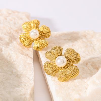 Texture Pearl Flower Earrings For Women Gold Color Stainless Steel Pierce Stud
