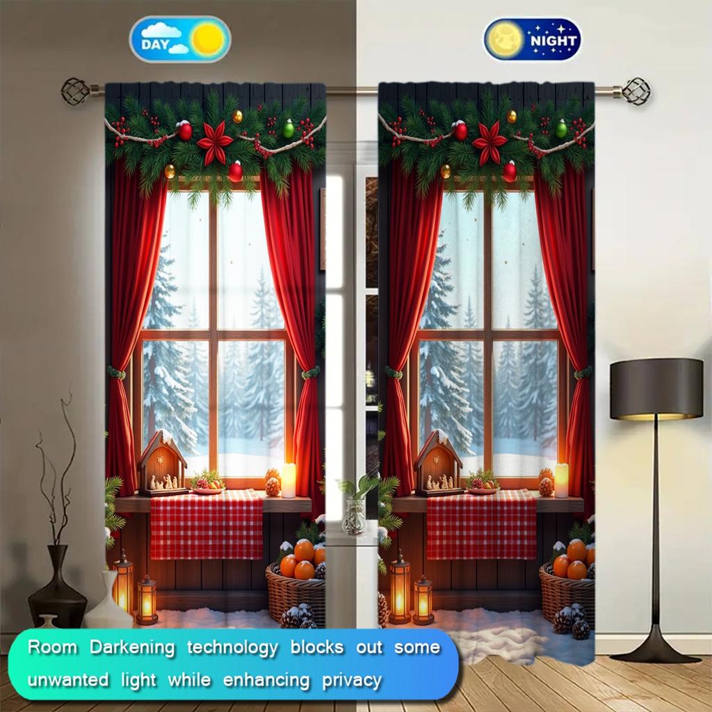 2pcs Christmas Day Atmosphere Printed Curtain for Christmas Home Decor - Rod Pocket Window Treatment for Bedroom,Office,Kitchen