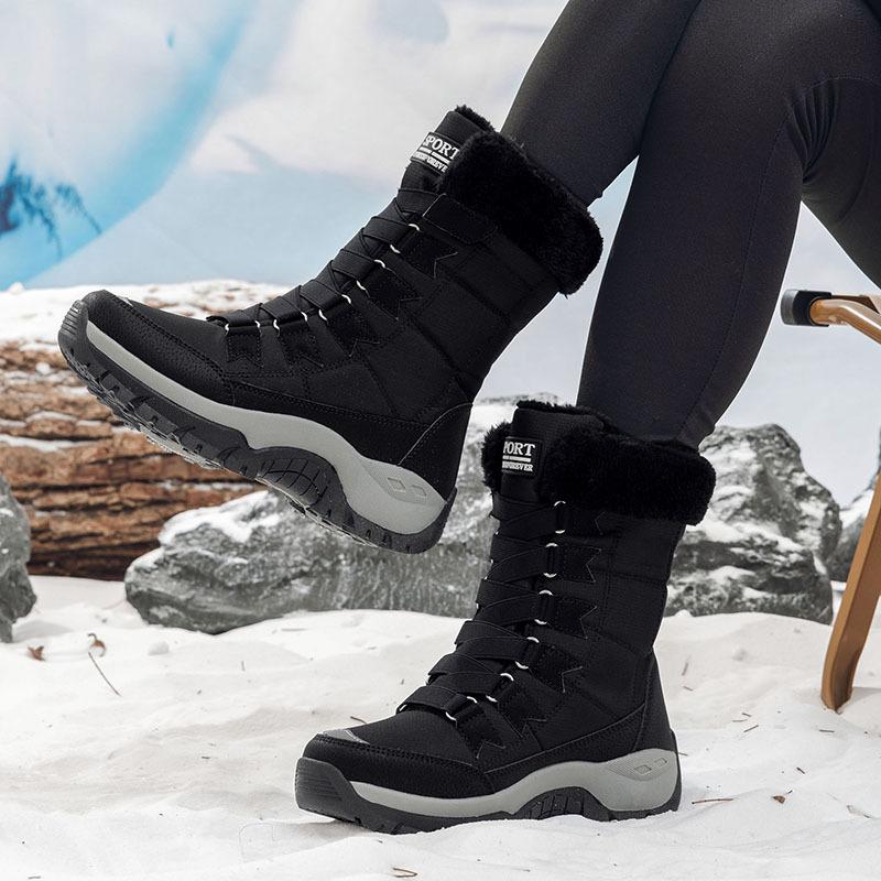Women's Outdoor Waterproof Snow Boots Lightweight Non-Slip Walking Hiking Mid-Calf Ankle Booties for Women Lace-Up Winter Warm Faux Fur Lined Boots