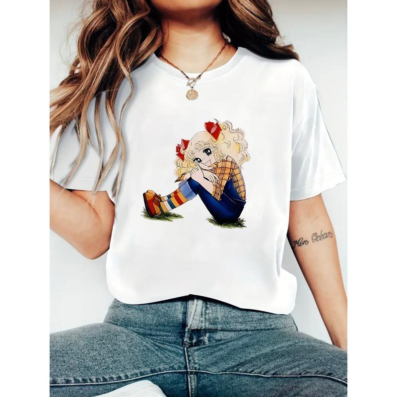 

Women s Cartoon Graphic T-Shirt Round Neck Short Sleeve Casual Summer Trendy Tee S белый