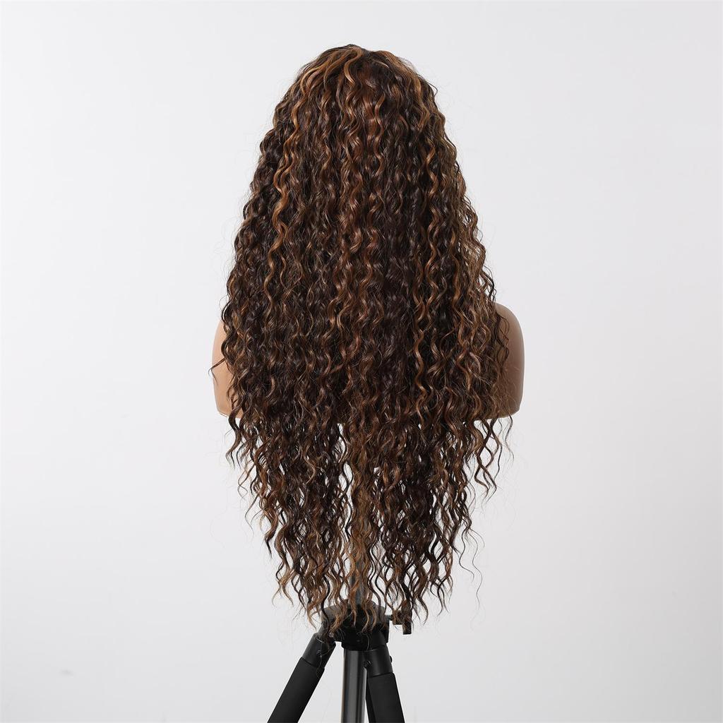 ALAN EATON Long13x4x1 Lace Synthetic Wigs Brown Highlight Golden Curly Wig for Black Women Natural High Density Daily Use