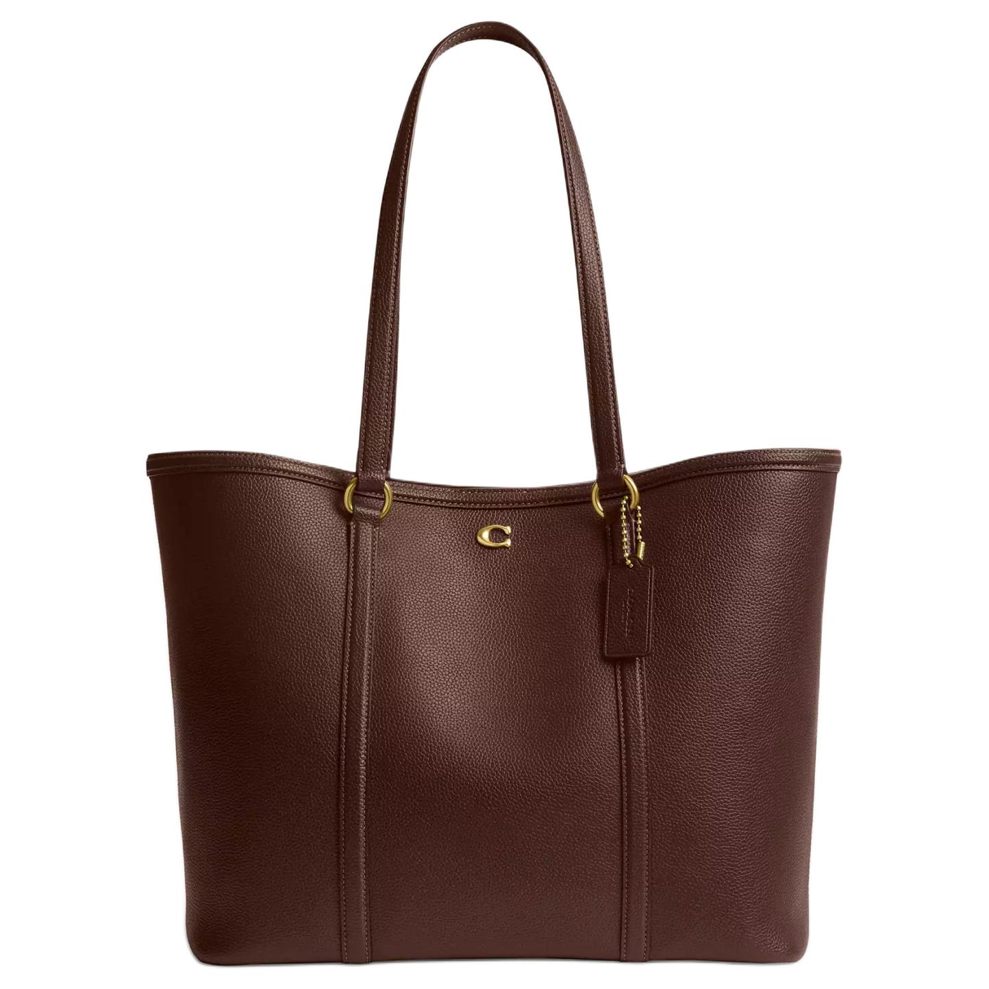 Coach Tote Bag 28 With Metal Logo Snap Closure Polished Pebble Leather Women tote bags Brass Maple CU056-B4MPL Basic Set (Bag+Dust Bag)