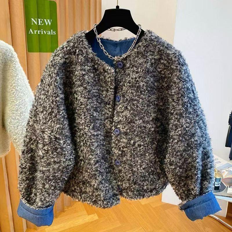 Chic Color Block Lambswool Padded Jacket for Women - Winter Loose Fit S 80-105 lbs