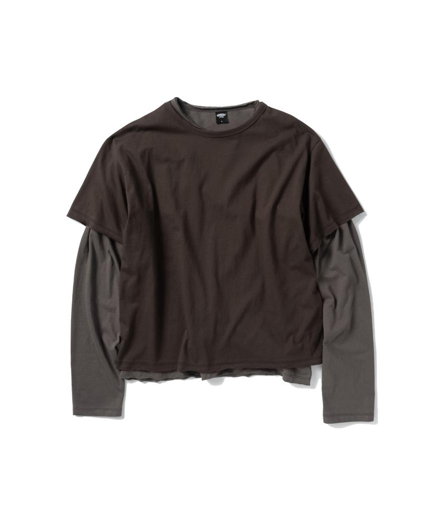 SUPERSUB [Set] Vintage Color Block Layered Long Sleeve T-Shirt Set - Brown/Dusty Gray