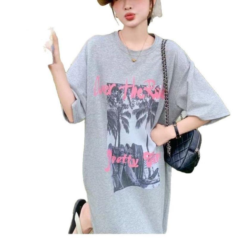 Women's Fashionable Loose and Casual Straight T-shirt Dress Summer Letter-printed Short Long Dress