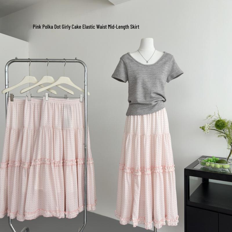 

Xin Xing Pink Korean Polka Dot Midi Skirt with Elastic Waist S [under 95 jin]