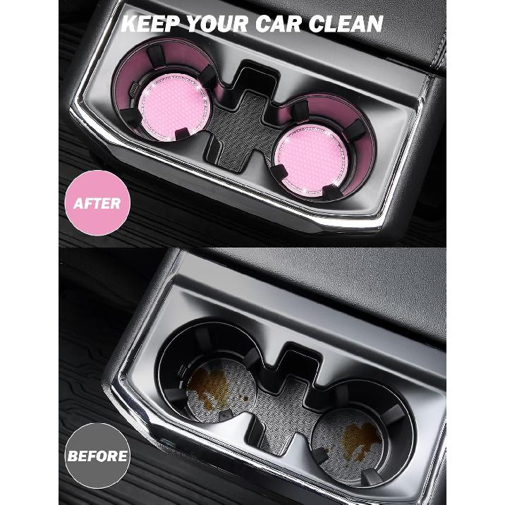 JOYTUTUS Cup Holder Coasters for Car, 2 Pack Universal Anti-Slip Car Coasters with Crystal Rhinestone, 2.75 inch/6.98 cm PVC Cup Holder ert Coaster,