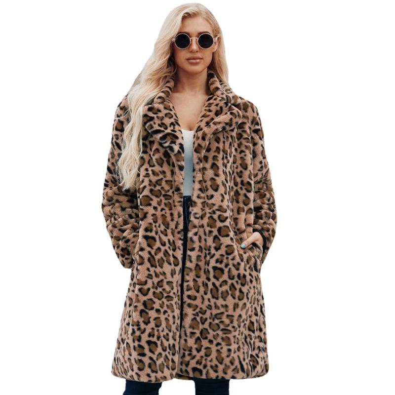 0 Long Leopard Print Suit Collar Imitation Fur Jacket Women's Casual Coat Autumn and Winter New