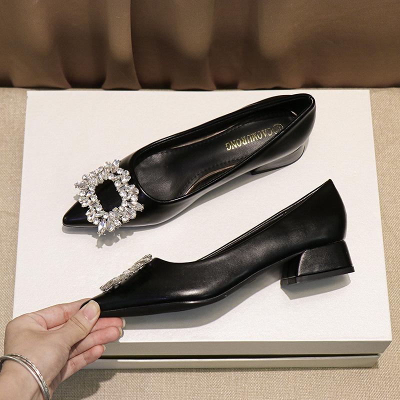 

Fashion Classic Rhinestone Buckle Shoes Ladies Low Heel Office Work Tacones Mujer Wedges High Heels Pumps Women Bombas Designer Escarpin 40
