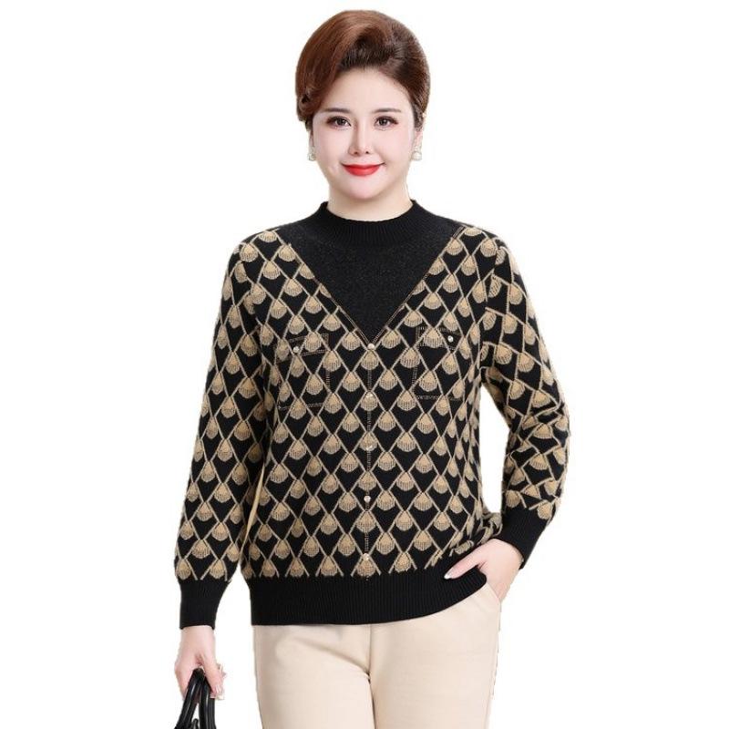 Plus Size Warm Knit Pullover for Women - Autumn/Winter Round Neck Sweater for Middle-aged & Elderly