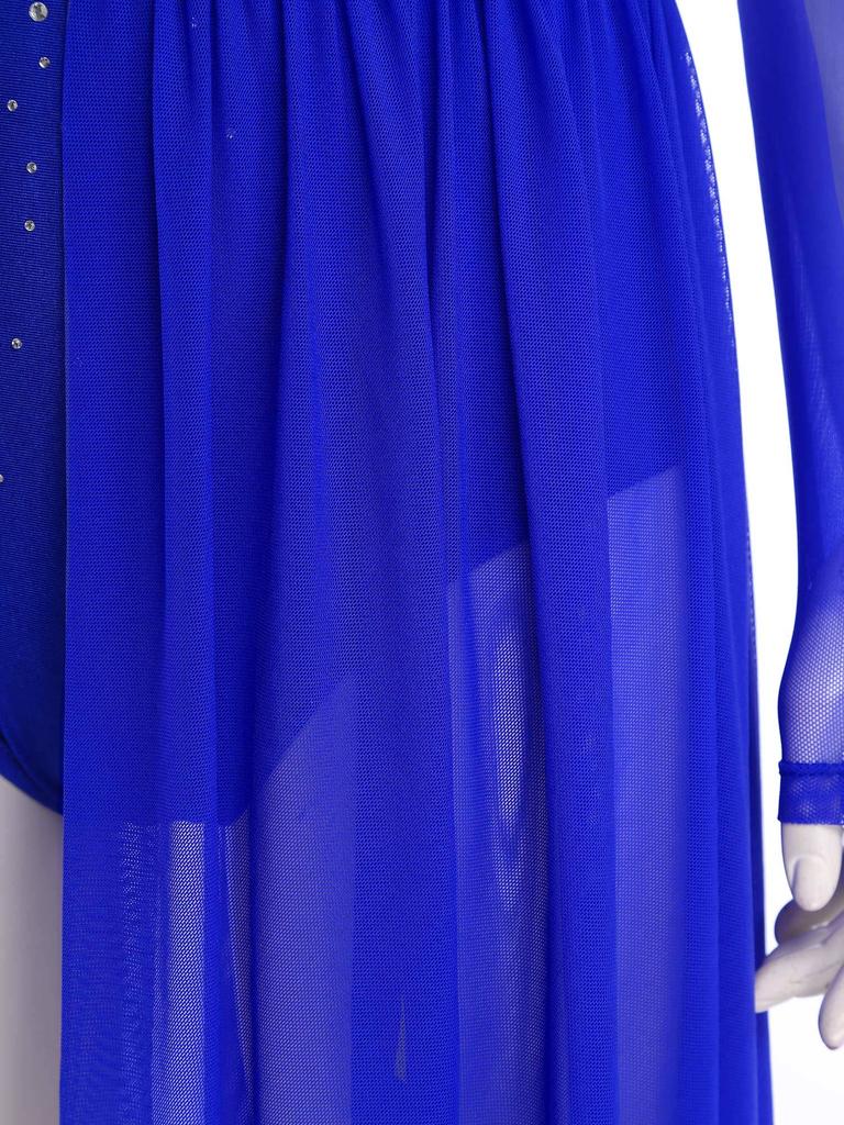 Dame Lyrisk Dansedrakt Langermet Rynket Ryggløst Design Glitrende Rhinsteiner Ett Stykke Draktdrakt