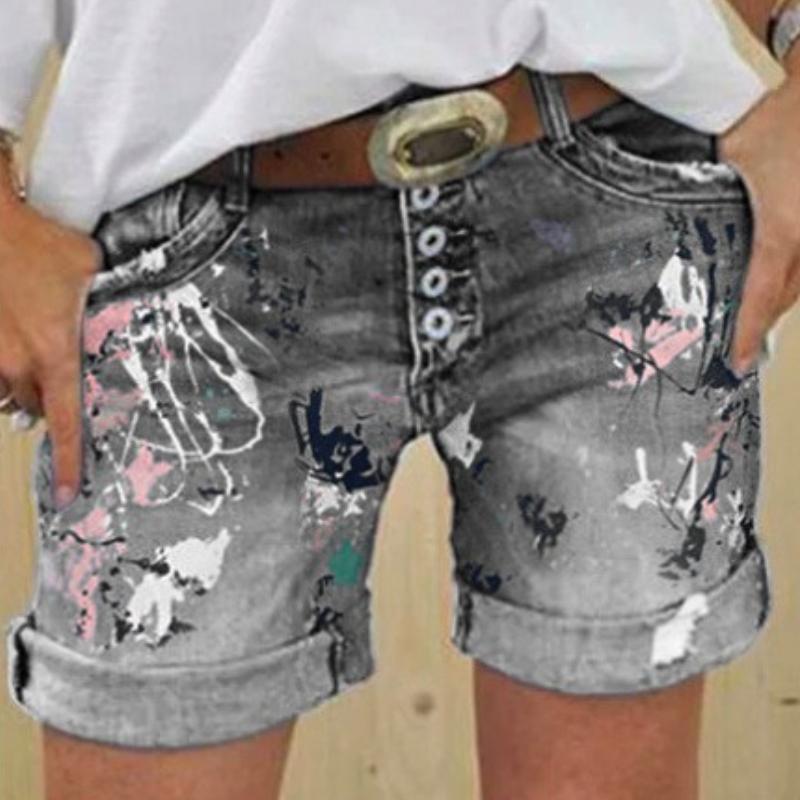 Summer Women's Fashion Tie Dye Print Denim Shorts Casual  Holes Rolled Up Jean Shorts