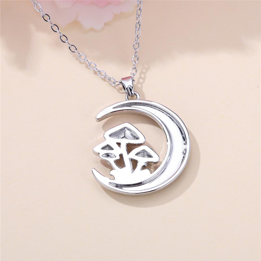 Female Red Enamel Moon Mushroom Pendant Necklace Vintage Silver Color Wedding Jewelry For Women