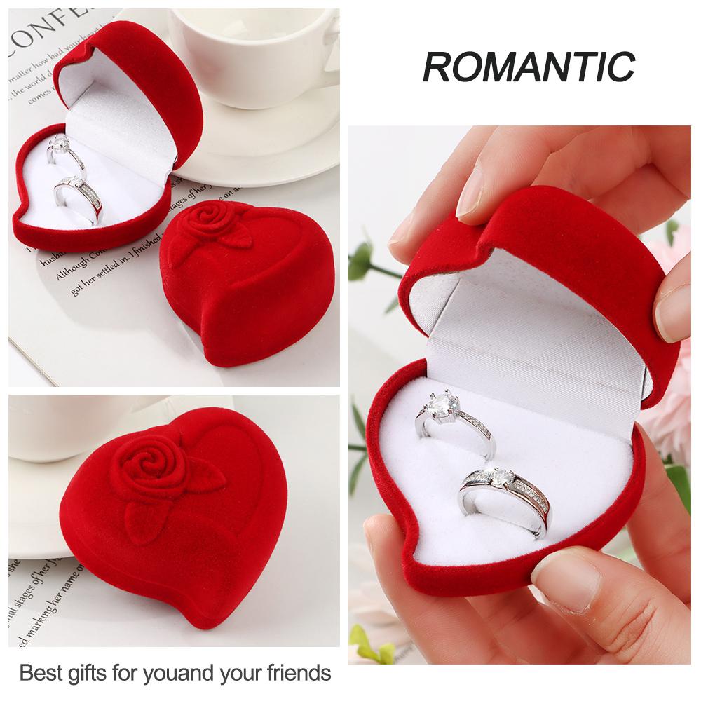 Wedding Heart Shape Velvet Jewelry Box Ring Display Box Red Rose Double Ring Storage Box