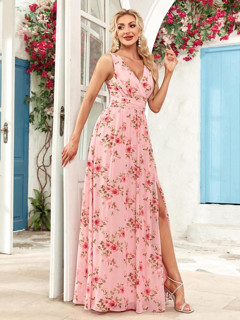 European & American Women’s Chiffon A-Line Evening Dress with Double V-Neck, Sleeveless Design, Slit, and Elastic Waist.
