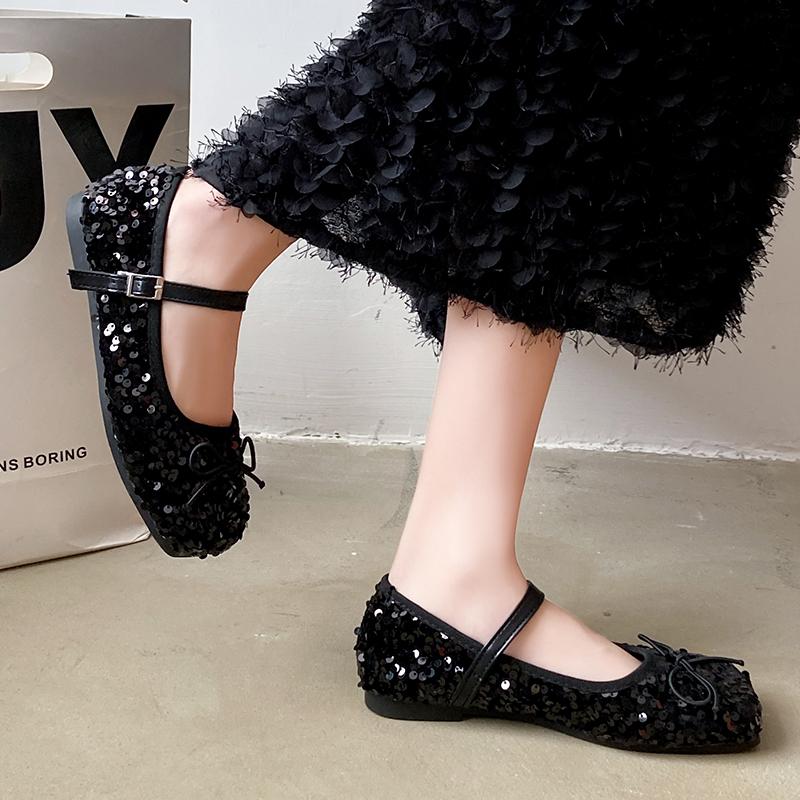 Fashion Women's Buckle Single Shoes Spring New Soft Soled High-quality Casual Shoes Lightweight Designer Sequin Bow Trendy Flat Shoes