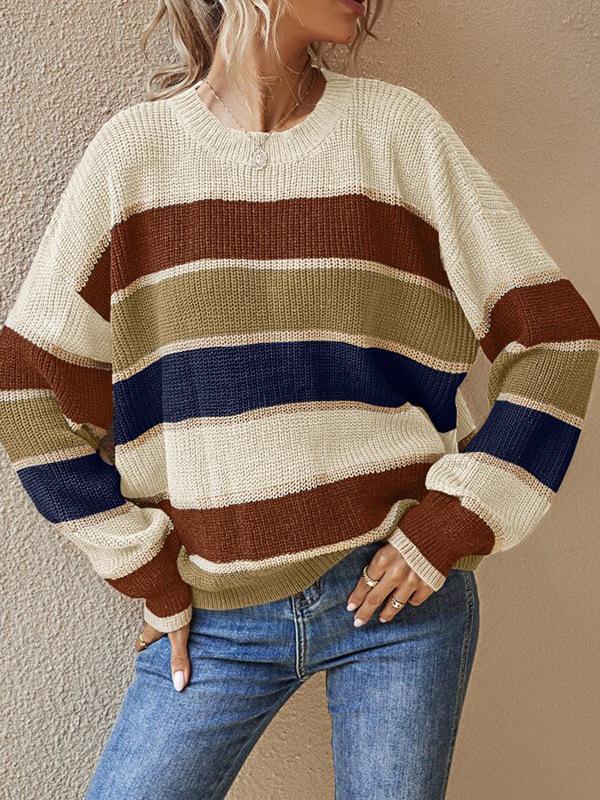 European and American women's clothing autumn and winter crew neck sweater women's lazy loose classic striped long-sleeved knitted sweater top