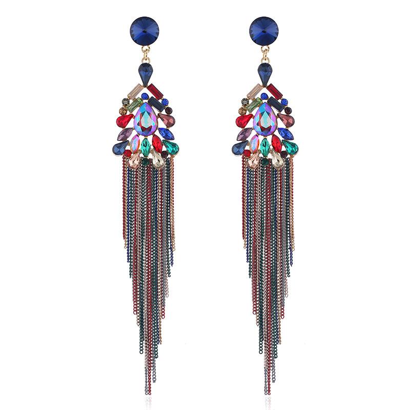 Long Crystal Fringed Stud Earrings Women's Retro Temperament Versatile Earrings Show Face Thin Fashion Personality New Earrings